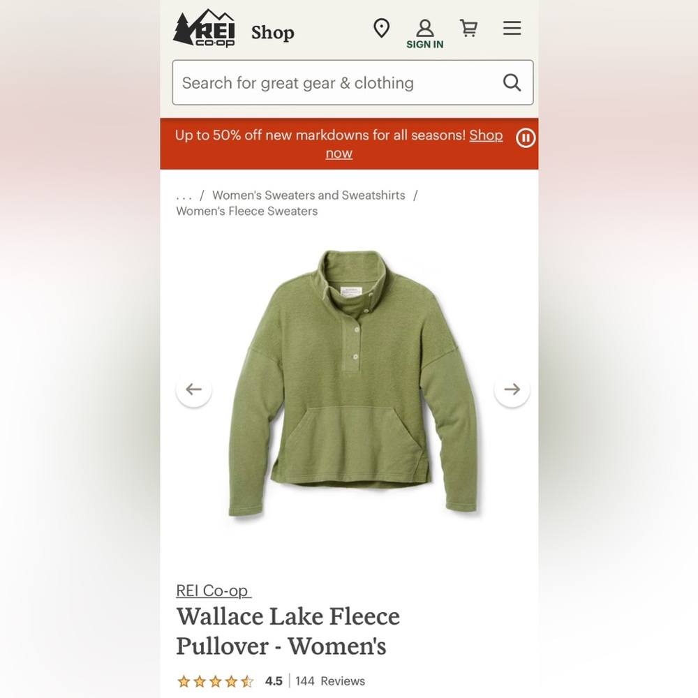 Women’s REI Wallace Lake Fleece Pullover Green XSmall
